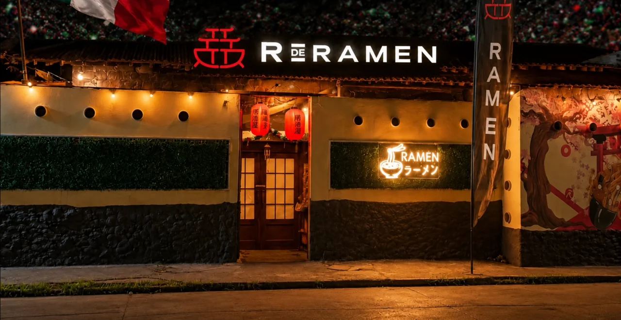Fachada real de R de Ramen de noche, con faroles rojos y luces cálidas